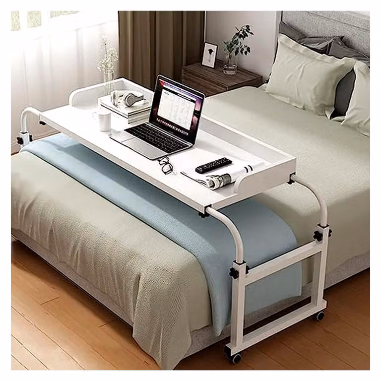Tavolino laterale con rotelle per il letto, comodino mobile con 4 rotelle, tavolino regolabile per il letto (115–210 cm)