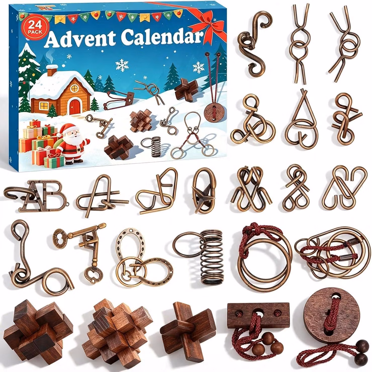Calendario dell'Avvento 2026-24: Calendario per contare i giorni con anelli metallici e puzzle di legno per sviluppare l'intelligenza - Giochi di logica natalizi impegnativi per bambini
