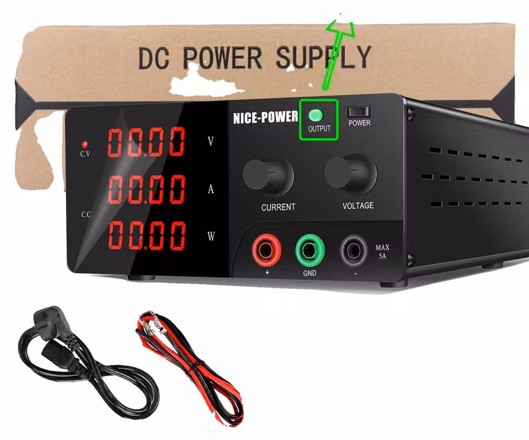 Alimentatore CC, tensione regolabile, elevata potenza in uscita, nero con OUTPUT-a, 0-60 V, 0-10 A, 0-600 W