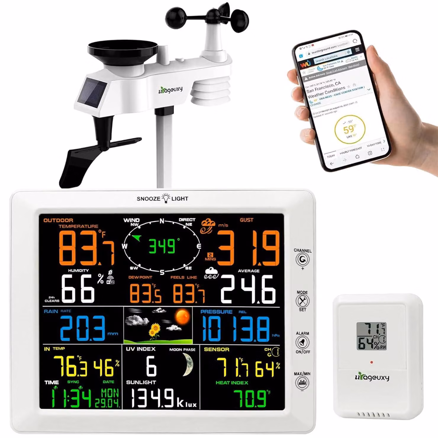 Stazione meteorologica Wi-Fi professionale multifunzione (14 in 1), con ampio display a colori da 20,5 cm, dotata di anemometro e pluviometro, banderuola, termometro/igrometro per interni ed esterni