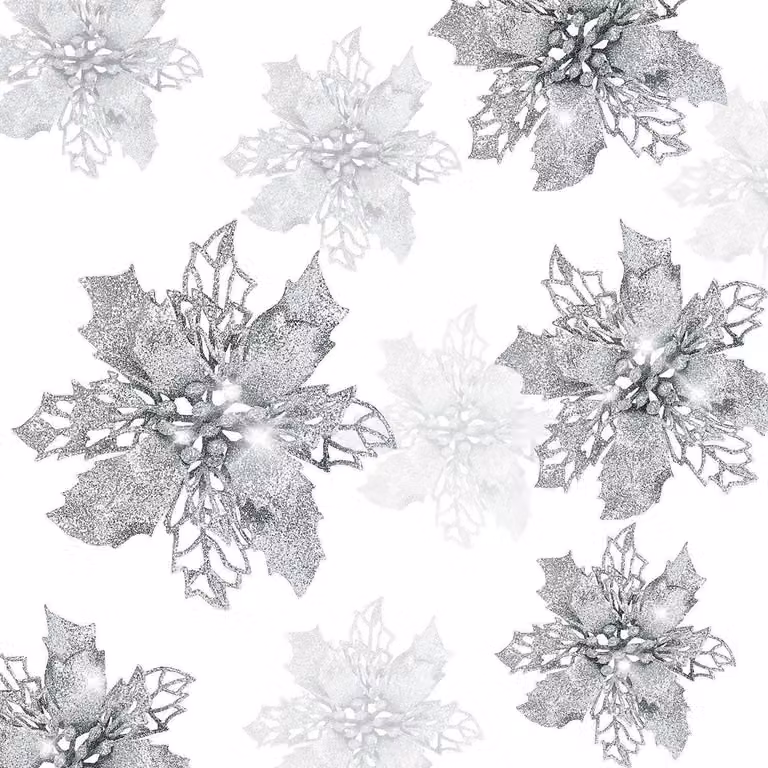 Decorazioni natalizie a forma di fiore, con glitter e color argento, set da 21 pezzi, dimensioni 9/11/16 cm, materiale: plastica