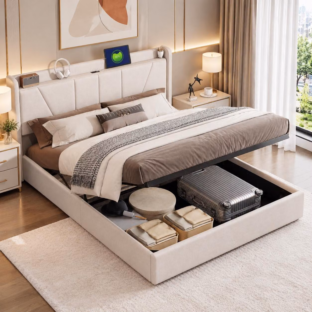 Letto idraulico INONEFT, 160 x 200 cm, letto imbottito con spazio contenitore e rete a doghe, letto matrimoniale con USB e testiera reclinabile, colore: lino, beige