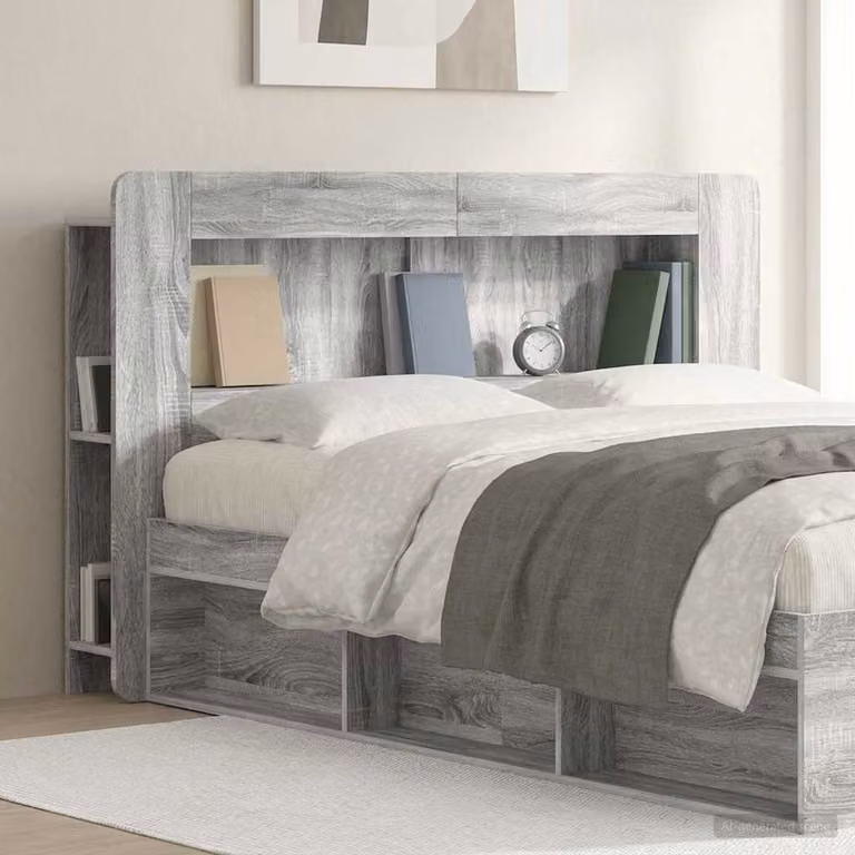 Testata del letto moderna vidaXL in legno ingegnerizzato Grigio con ripiani integrati L: 153,5 cm, H: 18,5 cm, P: 22,47 cm