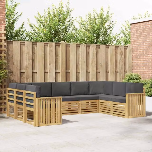 Set di divani angolari L-shape vidaXL in legno di acacia massello con cuscini marroni e grigi per giardino e terrazzo – 1