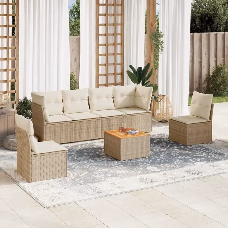 Set di divani da giardino vidaXL in polyrattan beige con cuscini e tavolino da esterno a forma di L