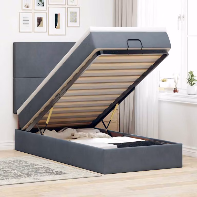 vidaXL Struttura Letto con Materasso in Velluto Grigio e Bianco, L/P/H: 190 x 90 x 128 cm con Base a Sollevamento
