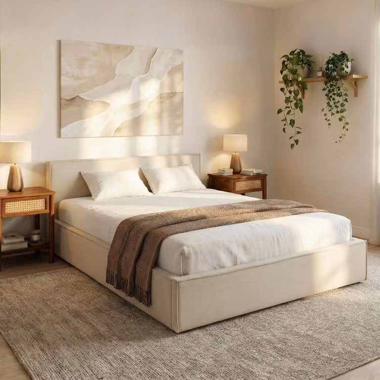 Letto imbottito PESARO 160x200 cm, bianco panna - letto matrimoniale moderno con rete a doghe, rivestimento in tessuto 100% poliestere effetto lino, con testata per camera da letto