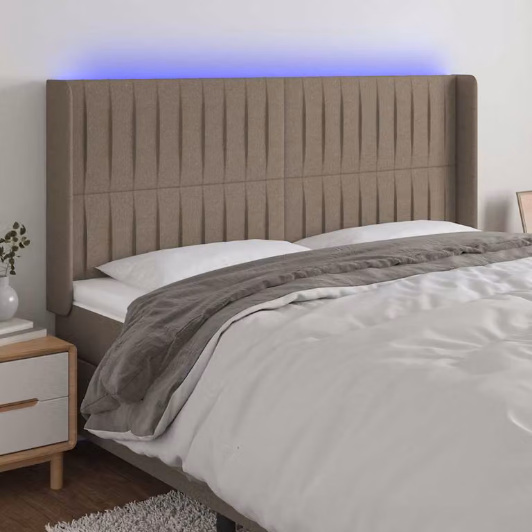Testiera con LED e porta USB vidaXL in tessuto tortora L: 203 cm, P: 16 cm, H: 118/128 cm