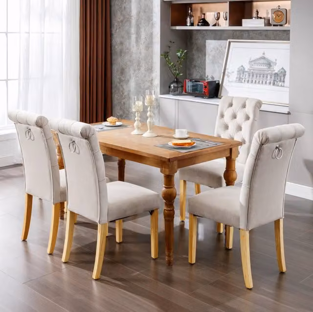 Set di 4 sedie da pranzo in velluto beige – schienale capitonné e gambe in legno