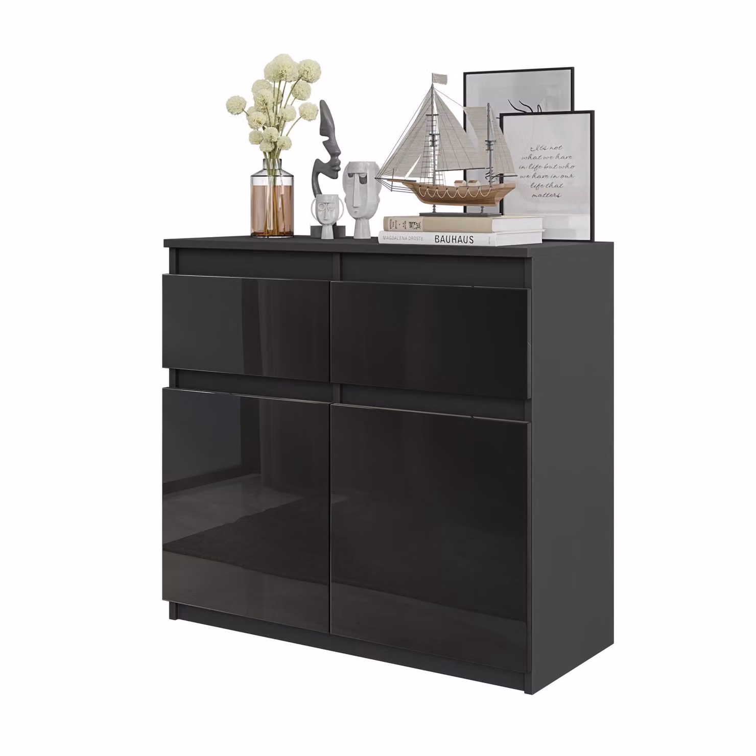 Cassettiera Noah – Antracite / Nero Lucido, 2 cassetti, 2 ante, 2 ripiani, 80 cm – credenza per il soggiorno