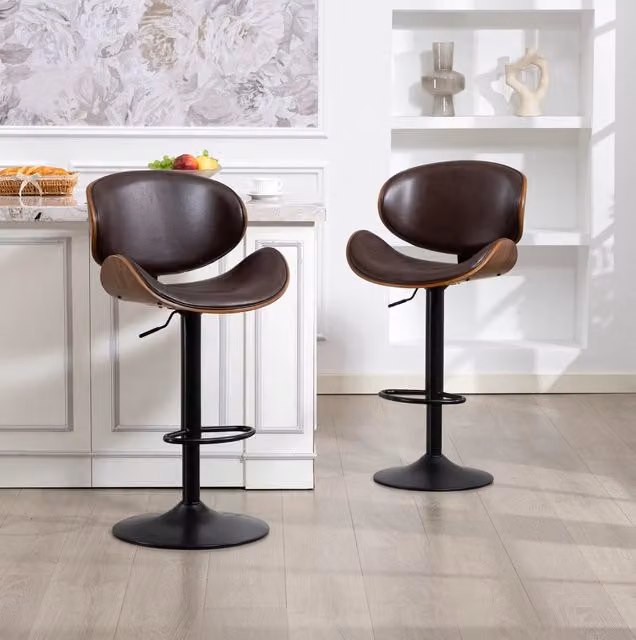 Sgabello da bar MODFU girevole e regolabile in altezza con schienale ergonomico in ecopelle marrone