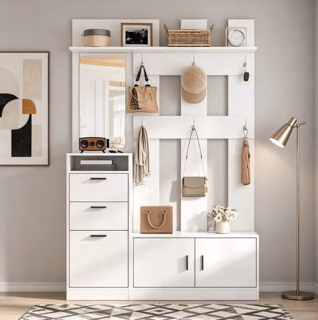 Mobile ingresso 120x30x180 cm con specchio; scarpiera e panca in MDF bianco