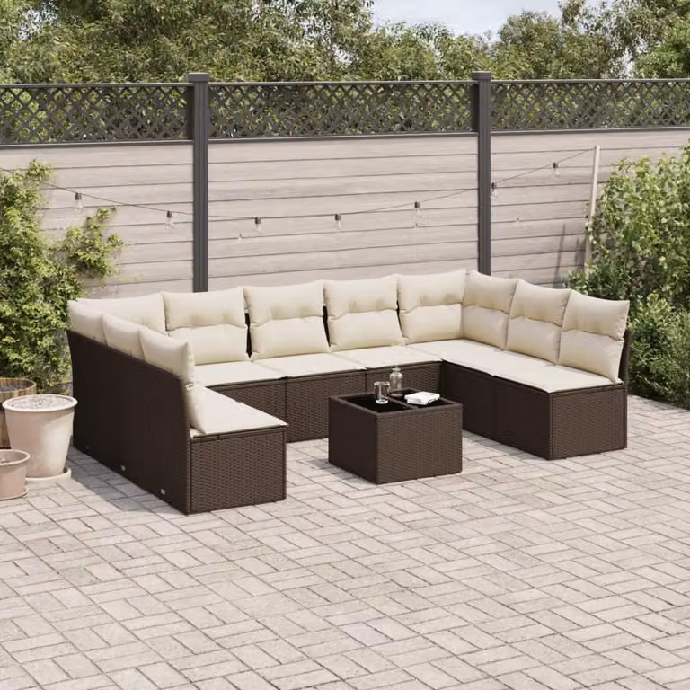 Set di Divani da Giardino vidaXL a Forma di L con Cuscini e Tavolino, Marrone e Bianco