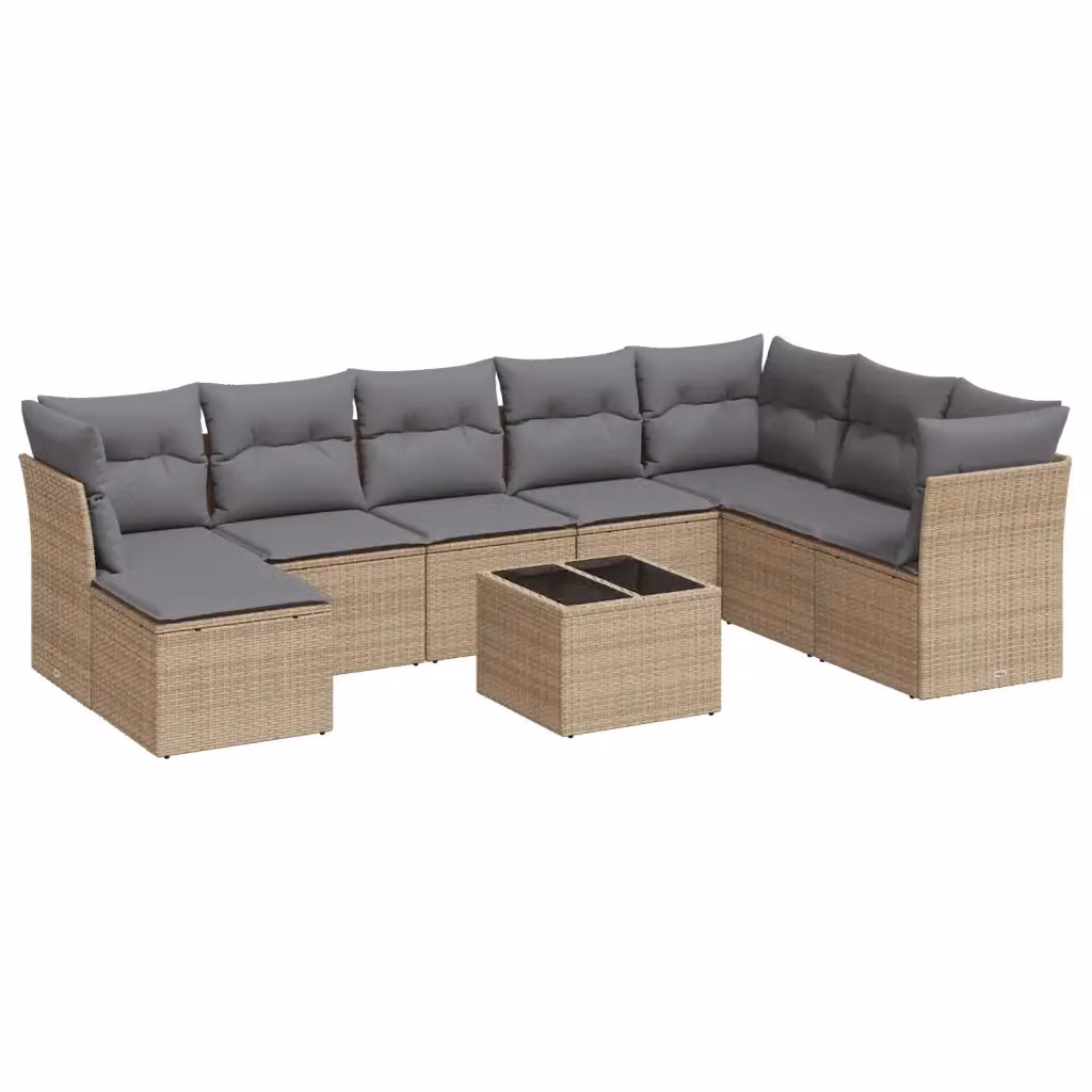 vidaXL Set Divano da Giardino 9 pz a forma di U con Cuscini Beige e Tavolino in Vetro – 2