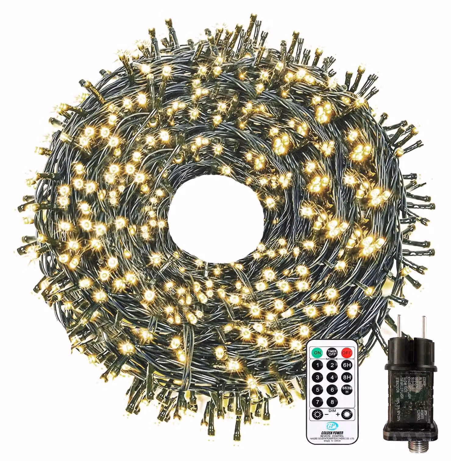 Catena luminosa a LED, 30 metri, 300 LED, luce bianco caldo, grado di protezione IP65, con telecomando