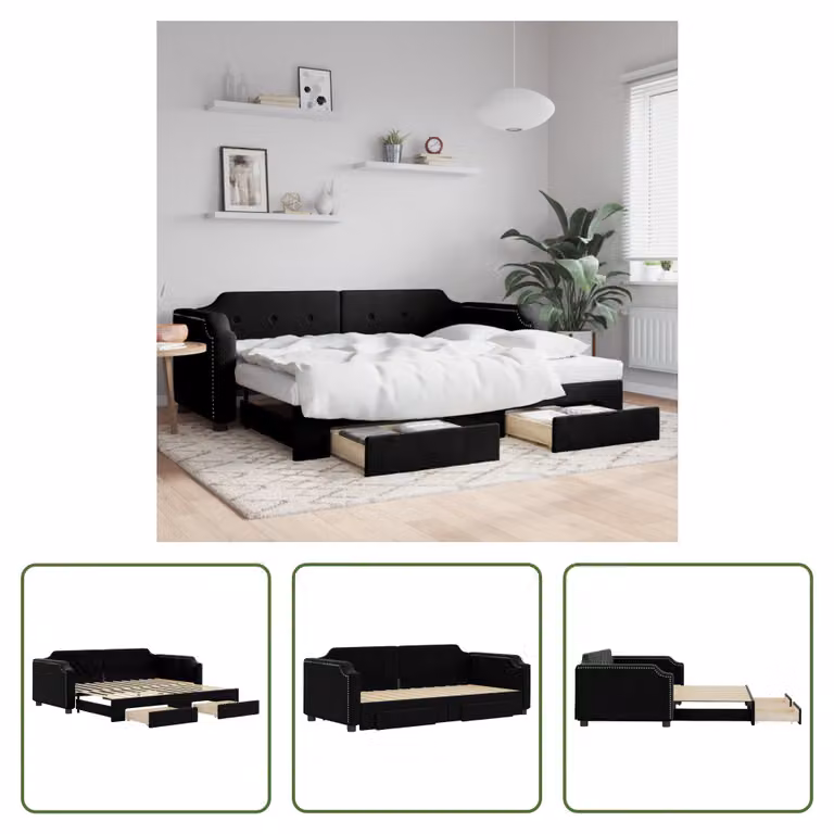 The Living Store Letto da giorno allungabile con cassetti nero 100x200 cm in tessuto