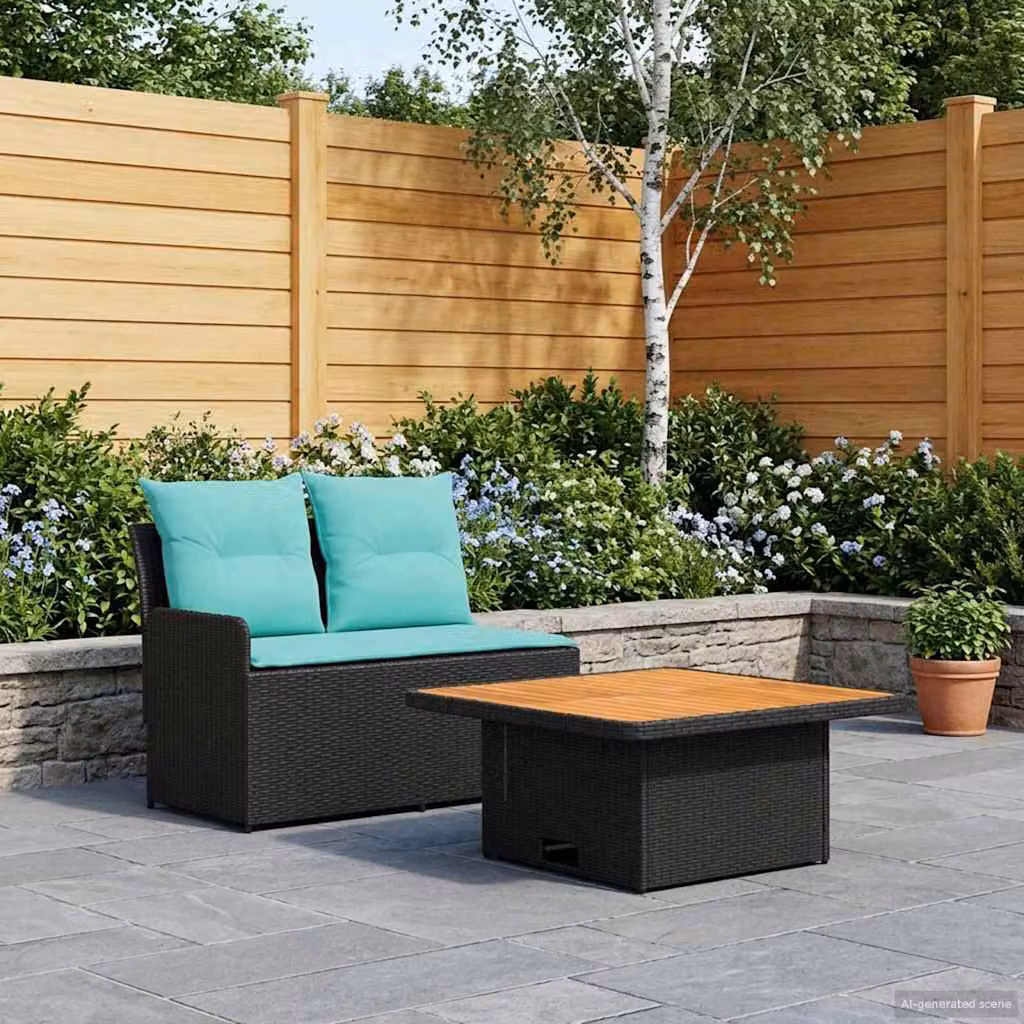 Set da giardino vidaXL composto da divano angolare a 2 posti e tavolino da esterno in polyrattan con cuscini in schiuma color turchese e nero