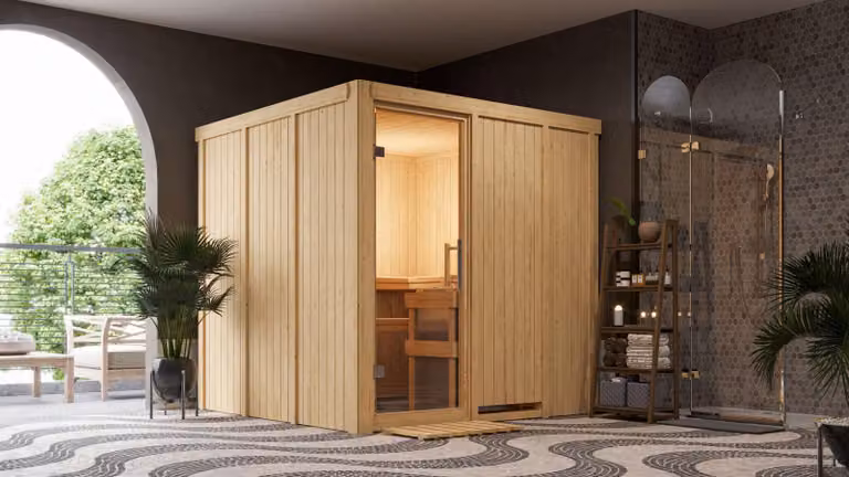 Sauna Karibu Rodin (ingresso frontale), porta interamente in vetro trasparente, stufa da 9 kWcon comando esterno easy