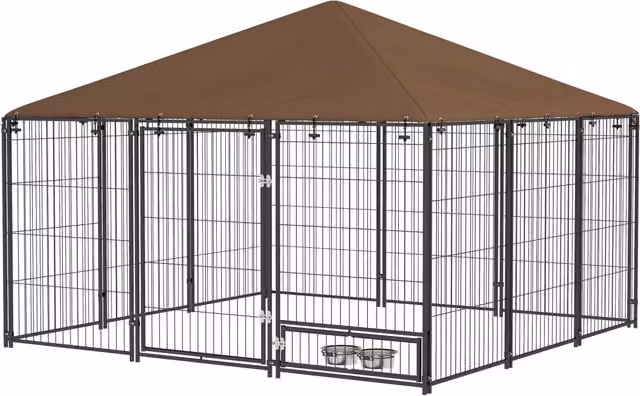 Recinto per Cani con Porticina per Ciotole 211x211x151 cm in Metallo e Tessuto Oxford Nero e Marrone