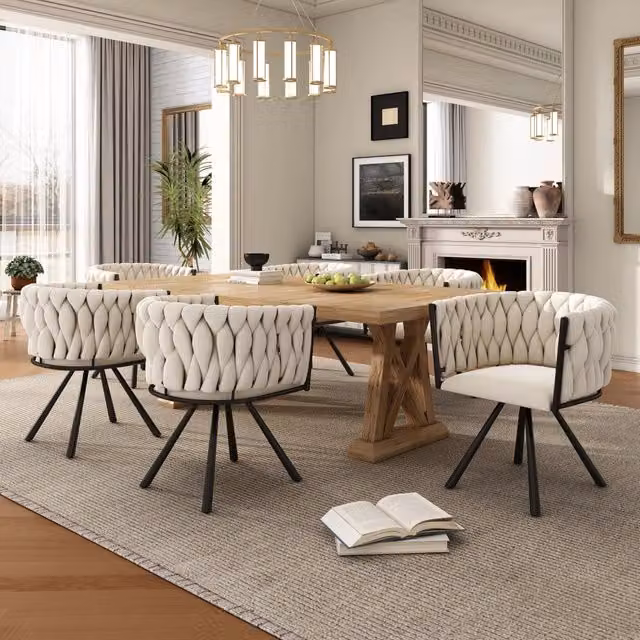 Set di 6 sedie da pranzo Mivray girevoli a 360° in velluto beige con struttura in metallo bianco