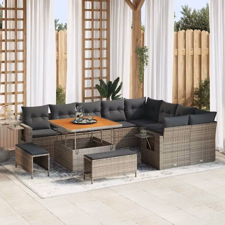 Set Divano da Giardino vidaXL 12 Pezzi in Polyrattan Grigio con Cuscini e Tavolino da Esterno