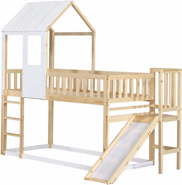 Letto a castello con scivolo, struttura in pino naturale e MDF, 90x200 cm, colore naturale e bianco, con tetto e finestra