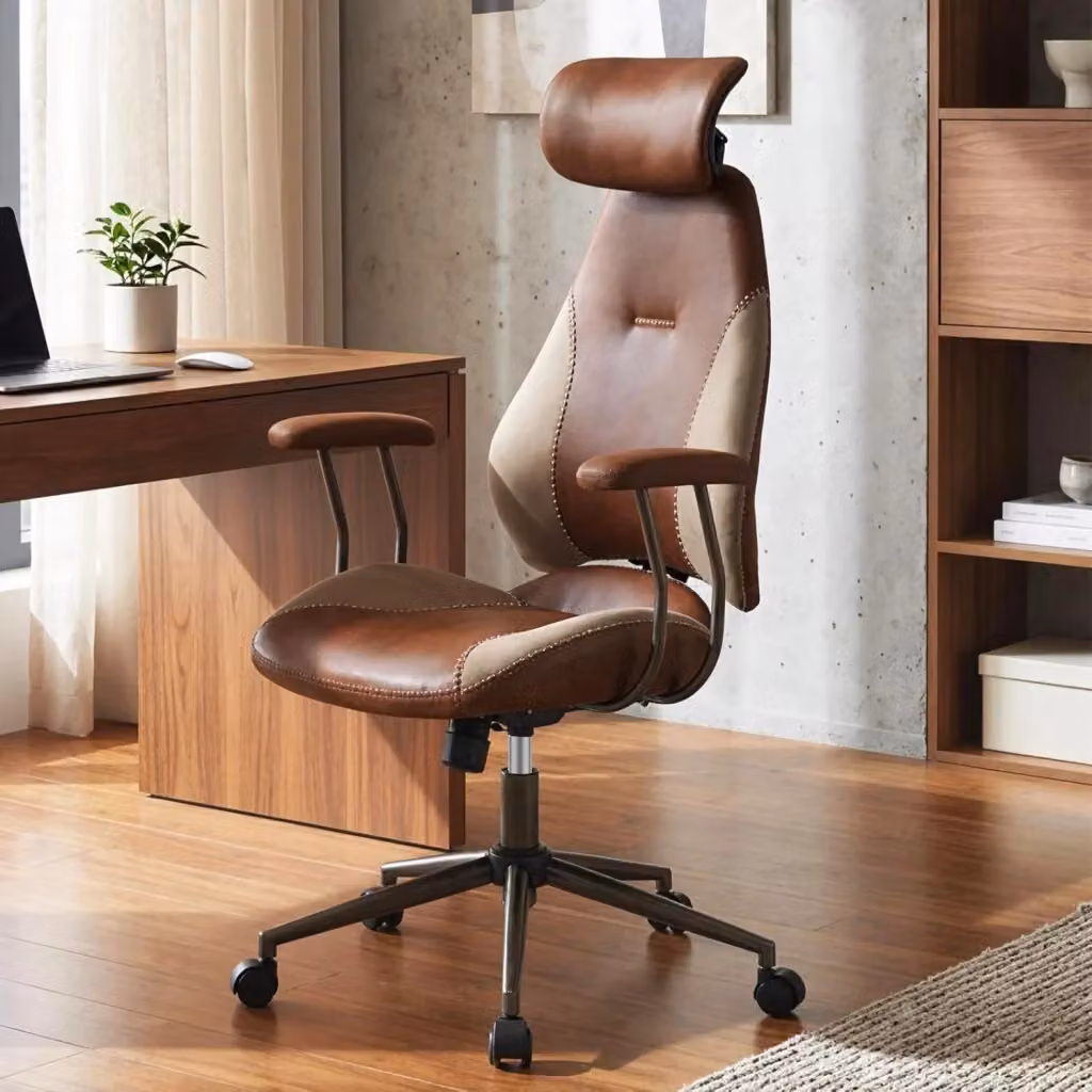 Sedia da Ufficio Ergonomica Costway in Tessuto di Lino Marrone con Poggiatesta, Schienale Oscillante e Ruote, Poltrona da Scrivania Girevole Regolabile con Portata 150 kg – 2