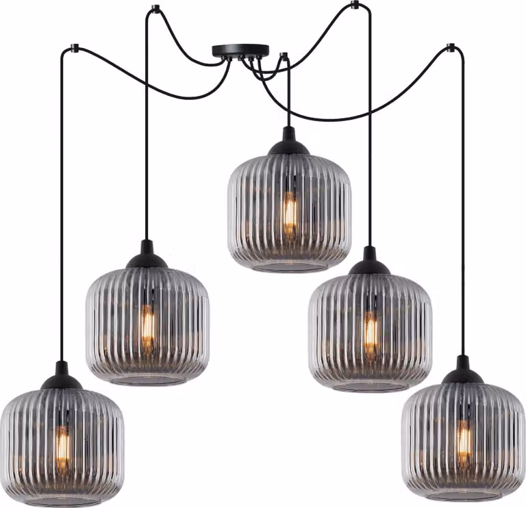 Lampada a sospensione RIFFLE a ragno, nera, a 5 luci, cilindro in vetro grigio, E27