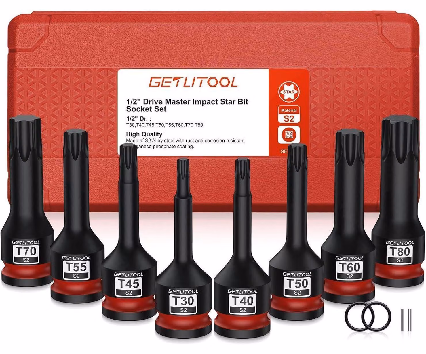 Set di inserti a bussola per avvitatore a percussione Kraft, 8 pezzi, acciaio S2, inserti Torx T30-T80, 78 mm, 1/2"