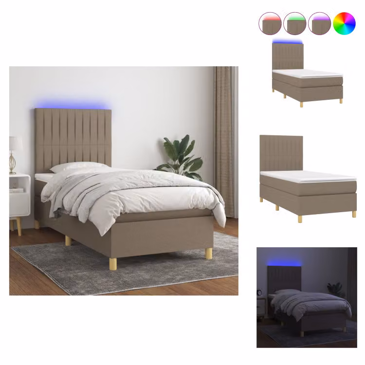 vidaXL Letto a molle con materasso e tessuto LED Taupe 80x200 cm - Letti & strutture letto