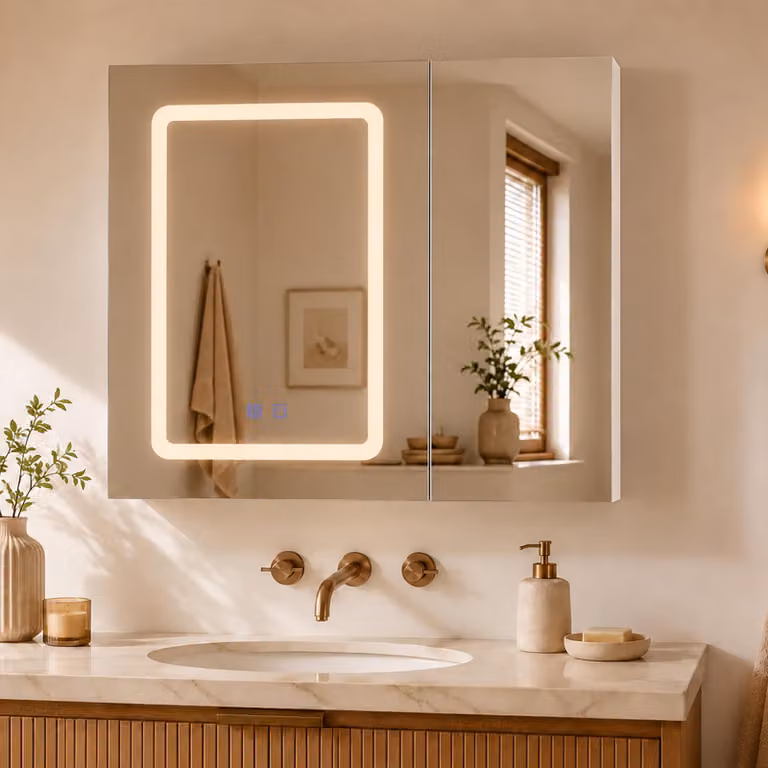 Specchio con armadietto a LED per il bagno, dimensioni 70 x 60 x 13,5 cm, con 2 ante a doppio specchio, 3 tonalità di luce e funzione antiappannamento, mobiletto da bagno