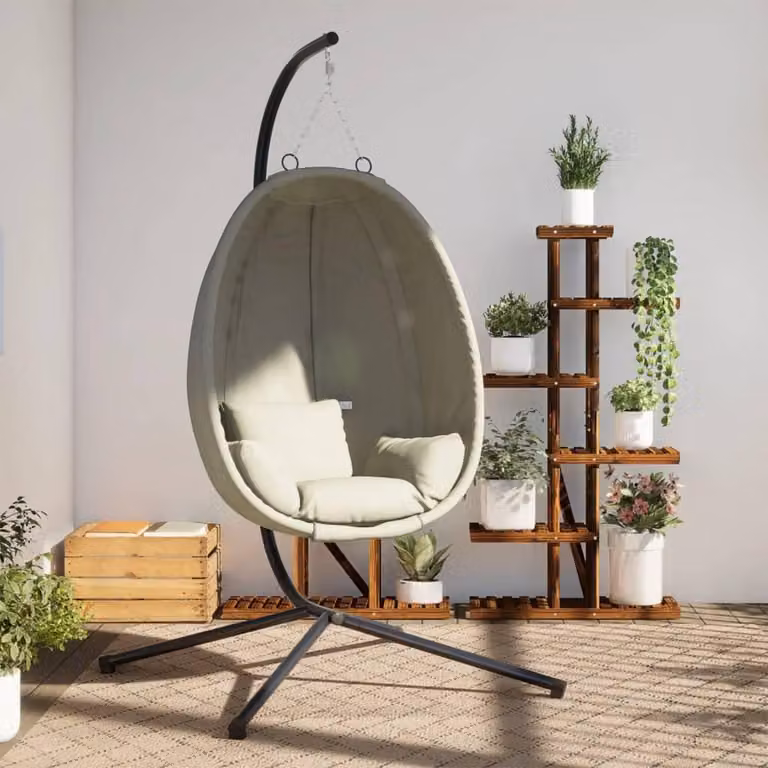 Sedia a dondolo a forma di uovo - Beige, con struttura in acciaio - 104x104 cm - Rivestimento in poliestere