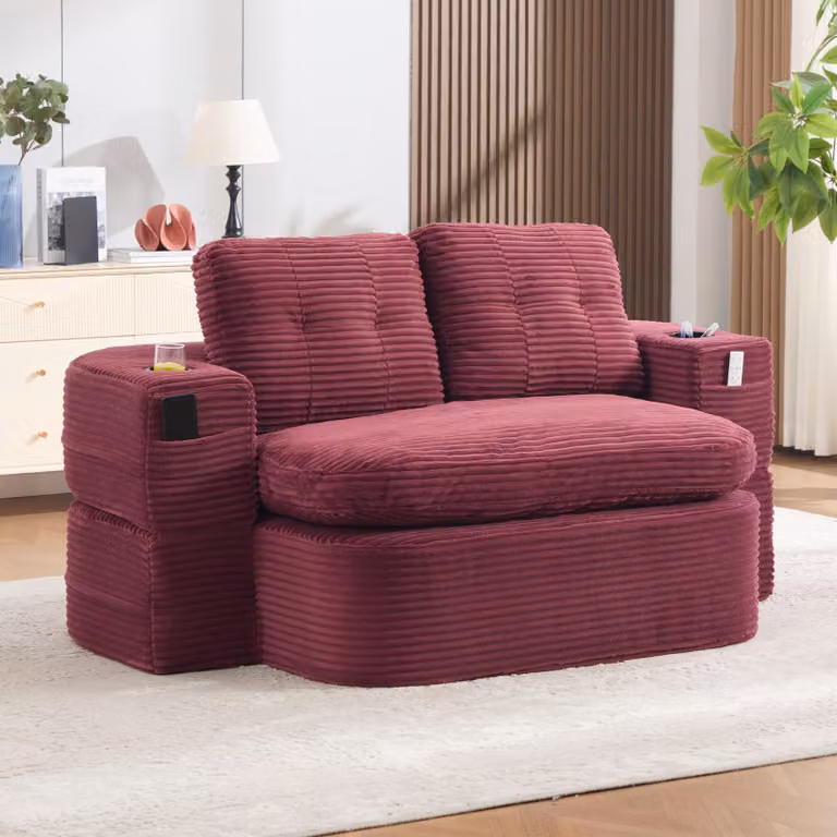 DIVANO MODULARE RELAXSOFA MODFU, rivestito in tessuto cordato, trasformabile in un divano lounge 2-in-1 con funzione relax, dotato di due portabicchieri e seduta particolarmente profonda, colore rosso vino