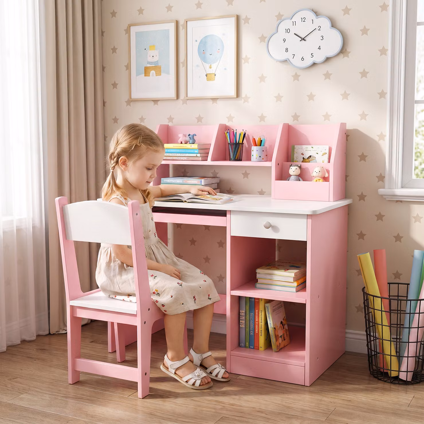 Set Scrivania per Bambini ZONEKIZ con Sedia, Scaffale e Cassetto, Rosa – 2