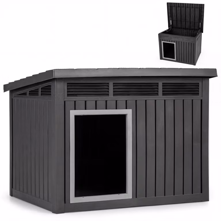 KOMFOTTEU, cuccia per cani da esterno, adatta a cani di taglia media, isolata e resistente alle intemperie, casetta per piccoli animali con tetto inclinato apribile, prese d'aria e fori di drenaggio, dimensioni 81 x 64 x 61 cm, colore nero