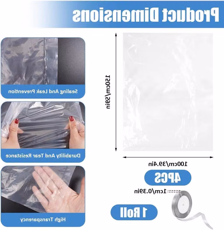 Set di 4 sacchetti di plastica trasparente extra-large, dimensioni 100 x 150 cm, riutilizzabili e impermeabili, ideali per abbigliamento, bagagli e mobili