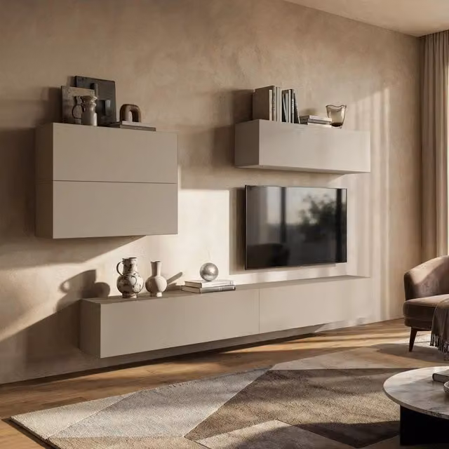 Parete Attrezzata Modulabile Gate DMORA per Soggiorno, Colore Beige, Finitura Opaca
