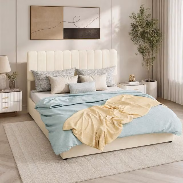 Letto matrimoniale imbottito 140x200 cm in tessuto beige con struttura in metallo