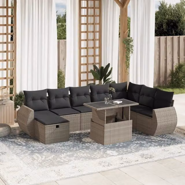 Set Divano da Giardino a L vidaXL in Polyrattan Grigio con 9 Pezzi e Cuscini