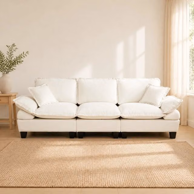 Divano cloud con braccioli curvi removibili in chenille beige per appartamenti e soggiorni compatti 263 × 82 × 90 cm