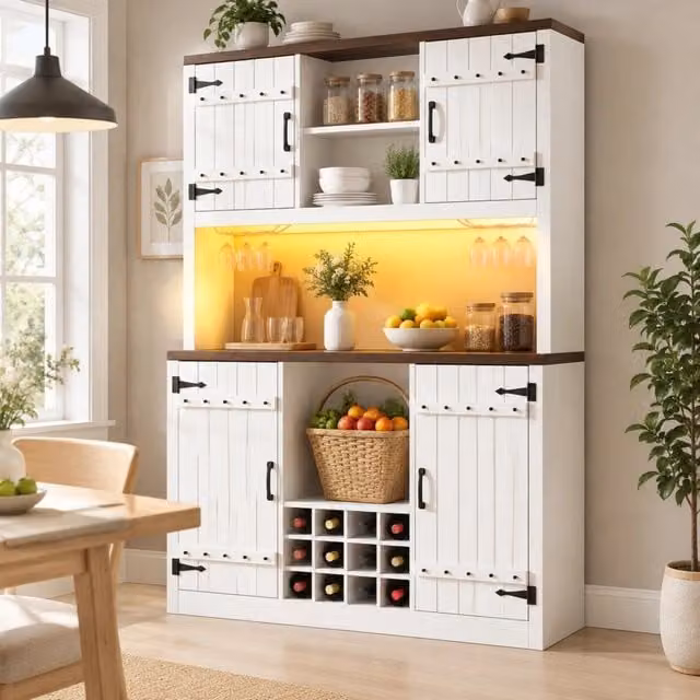 Mobile alto da cucina 120x40x180 cm con LED RGB; portabottiglie e ripiani regolabili; bianco