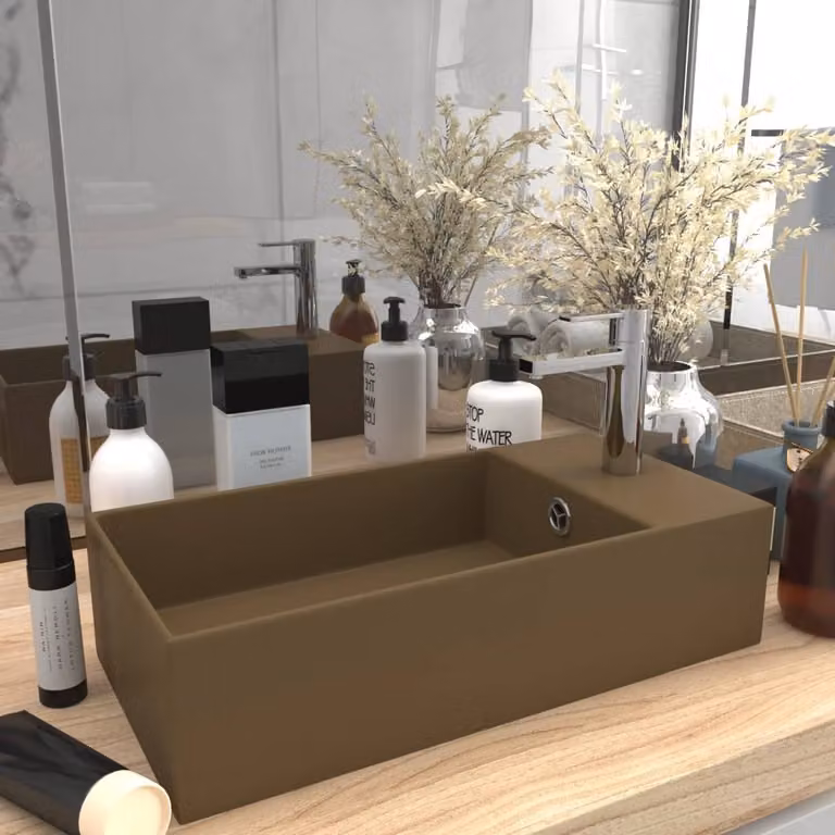 The Living Store Lavandino da bagno con troppopieno in Vetroceramica crema opaco