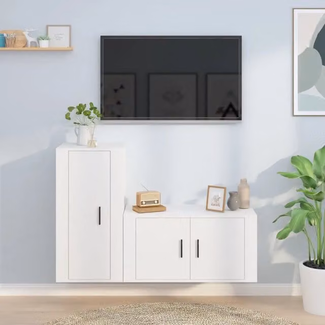 Set di Mobili Porta TV 2 pz-Set di 2 Credenza per TV Bianco in Legno Multistrato 117015