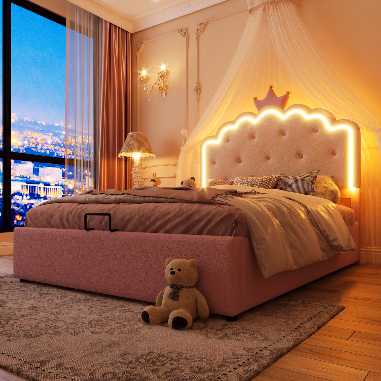 Letto imbottito Merax 140x200 cm, letto da principessa, letto per bambini con contenitore idraulico, LED, rete a doghe, forma a , letto piano, letto per ragazzi, PU, rosa