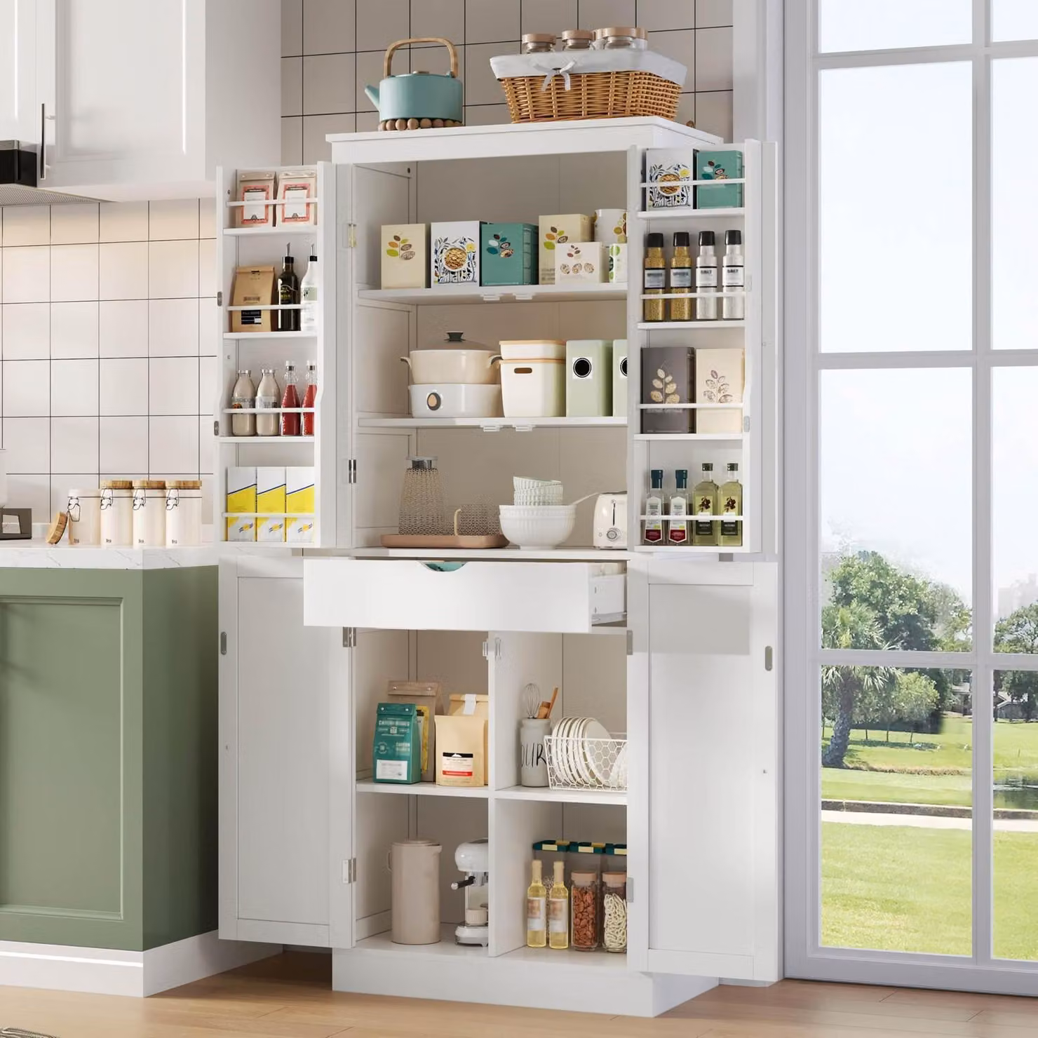 Mobiletto da cucina, armadio alto, credenza con ante a ripiano, vani portaoggetti e cassetto, dimensioni 182x40x75 cm, colore bianco