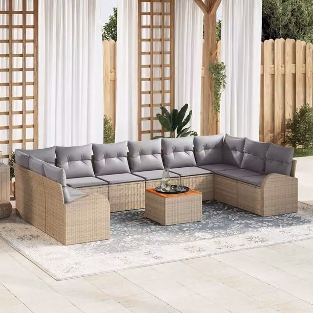 Set Divano da Giardino 11 pz vidaXL Beige con Cuscini e Tavolino in Polyrattan e Acciaio