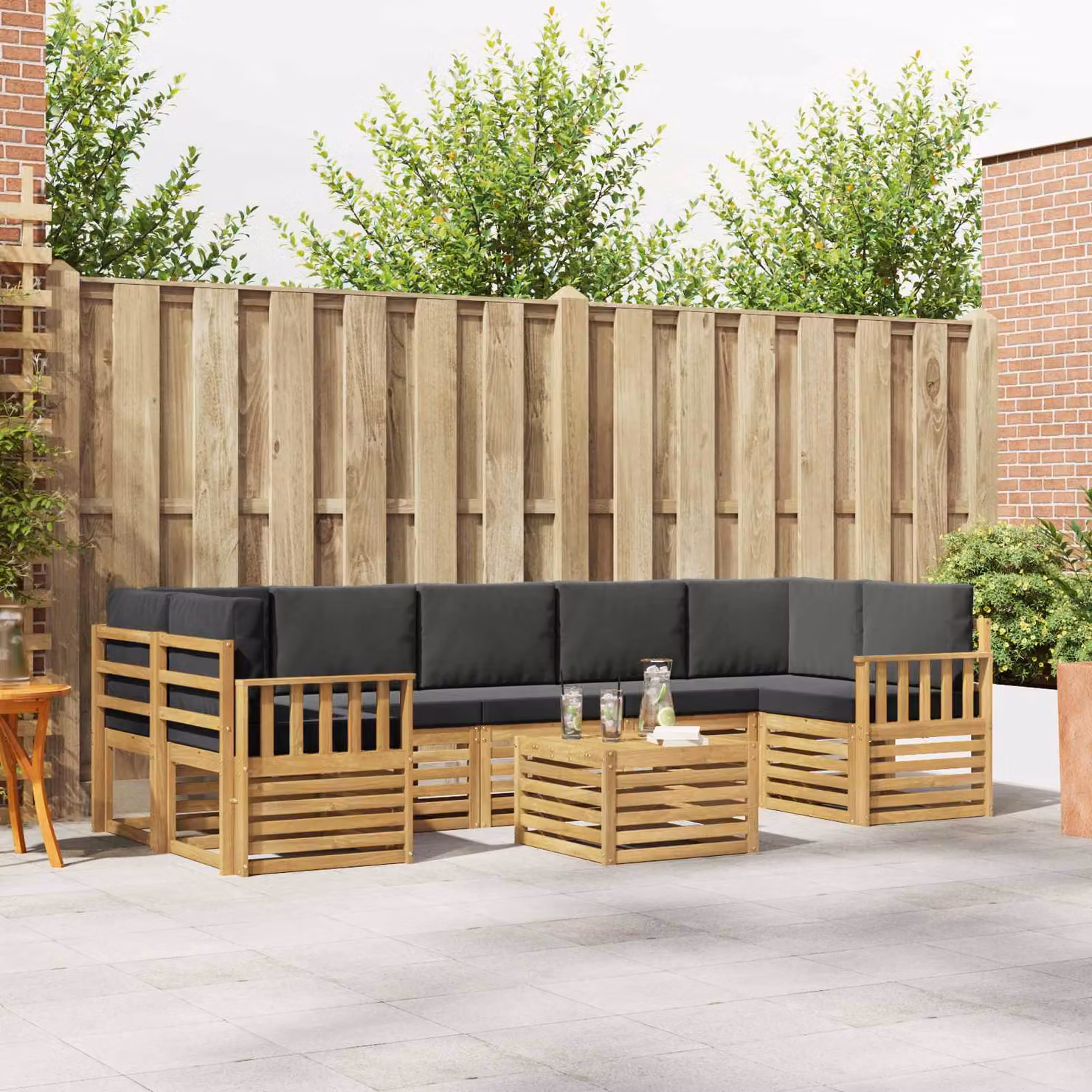 Set di divani da esterno vidaXL a forma di L con tavolino da caffè, 8 pezzi, in legno di acacia e tessuto resistente ai raggi UV, Bianco e Antracite