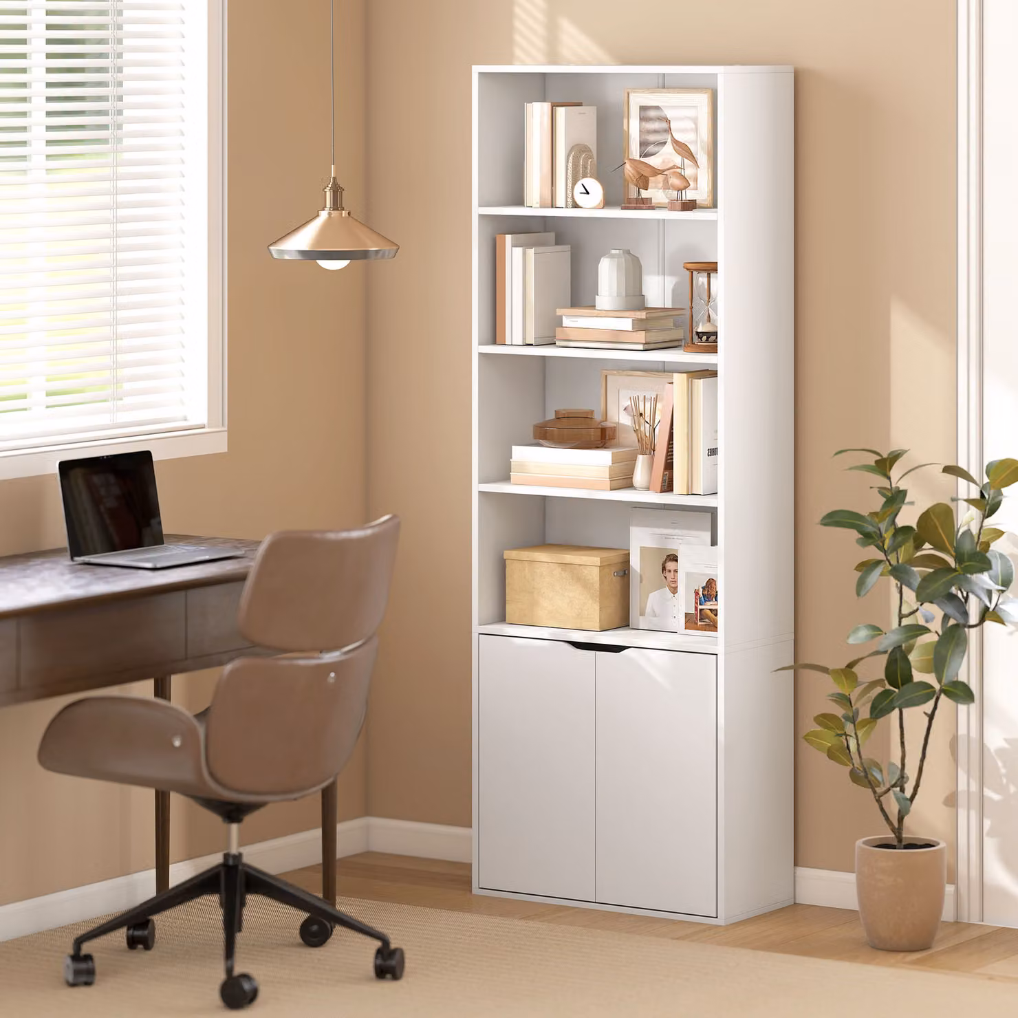 Libreria Moderna HOMCOM con 4 Ripiani e Armadietto a 2 Ante in Legno, Mobile Multiuso Bianco per Soggiorno e Ufficio, L: 59 cm, P: 29 cm, H: 180 cm – 2