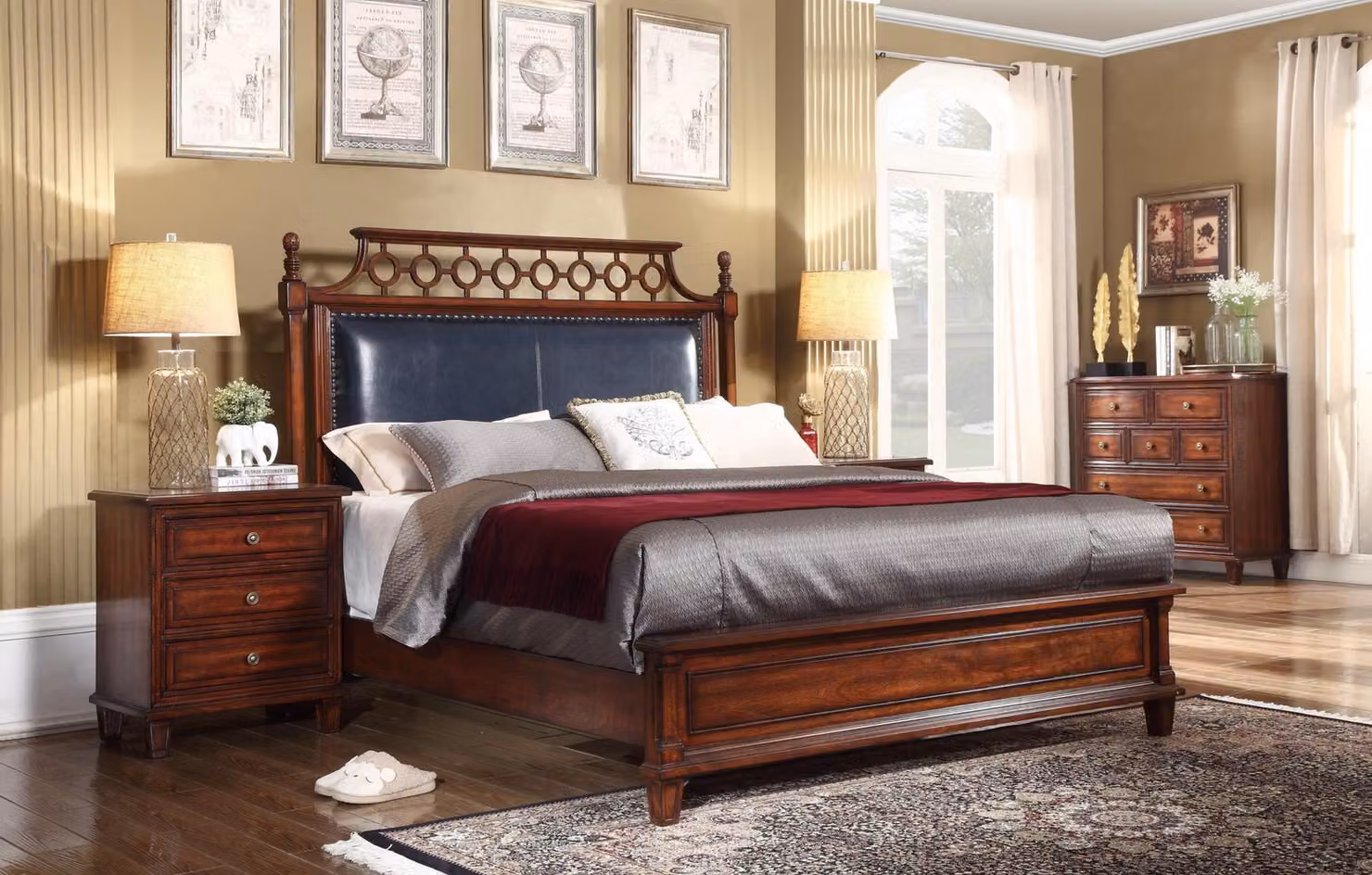 Echtholz Bett Leder 3tlg. Set Kommode Schlafzimmer Gründerzeit Garnitur Gruppe