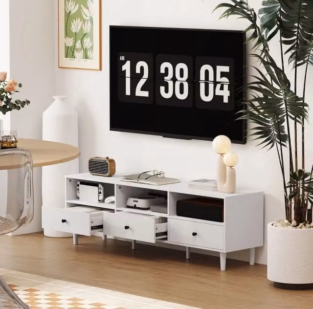 Mobile TV ULEVR 140x34x45 cm con 3 cassetti, 3 vani aperti e passacavi, bianco
